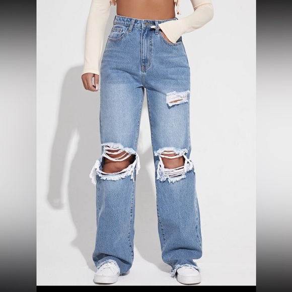 SHEIN Denim - Light wash distressed wide leg jeans